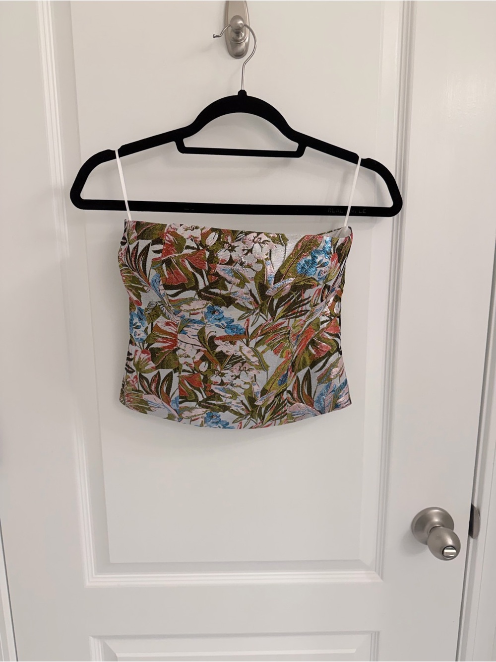 Reformation Tropical Floral Strapless Crop Top - Green, Blue, Pink